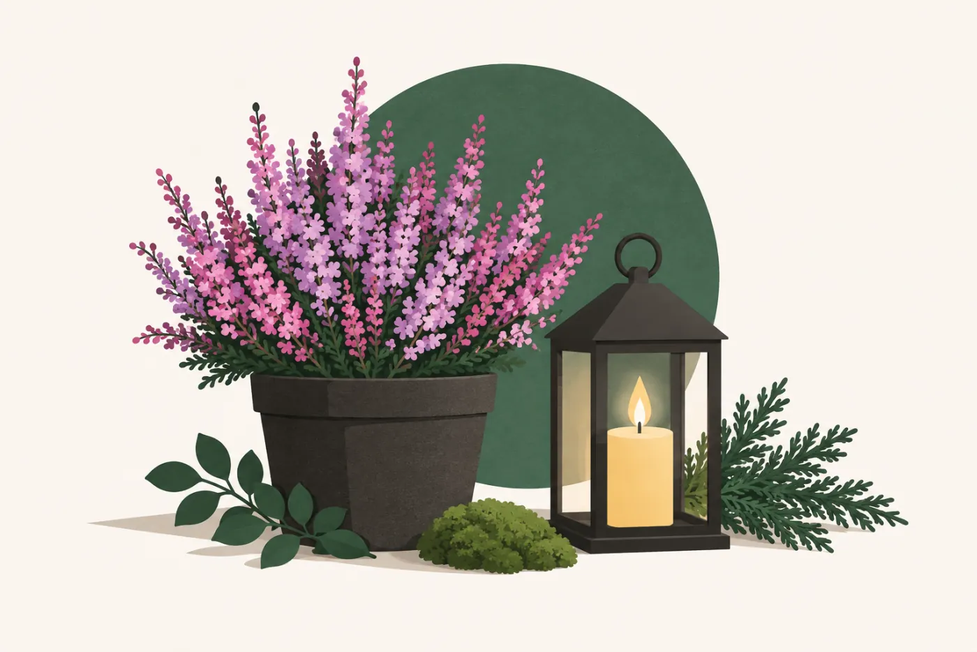 Kruka med lila ljung bredvid en lykta med tänt ljus och gröna kvistar — stillsam illustration för alla helgons dag