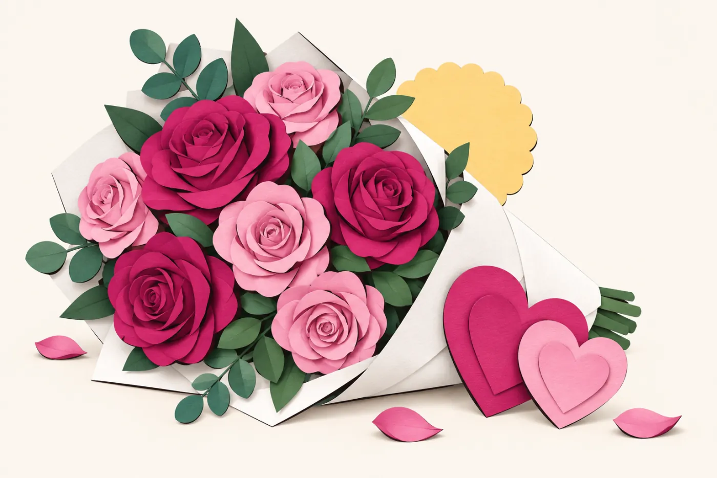 Bukett med magentafärgade och rosa pappersklippta rosor bredvid två hjärtan i papper — illustration för alla hjärtans dag