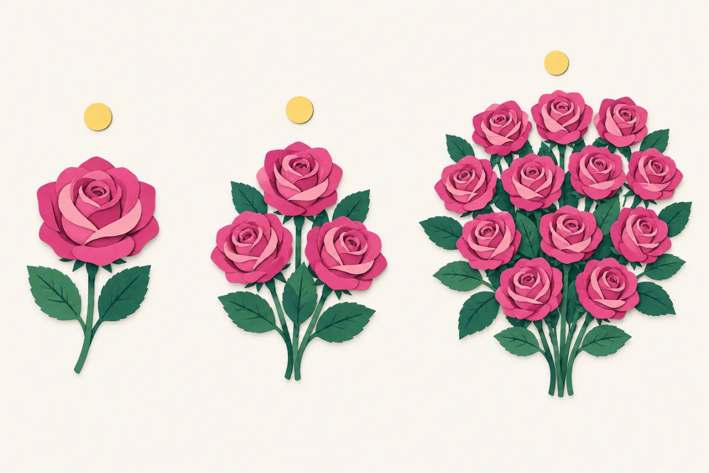 Tre grupper pappersklippta rosor: en ensam ros, tre rosor och ett dussin i bunt — illustration över antal rosor och deras betydelse