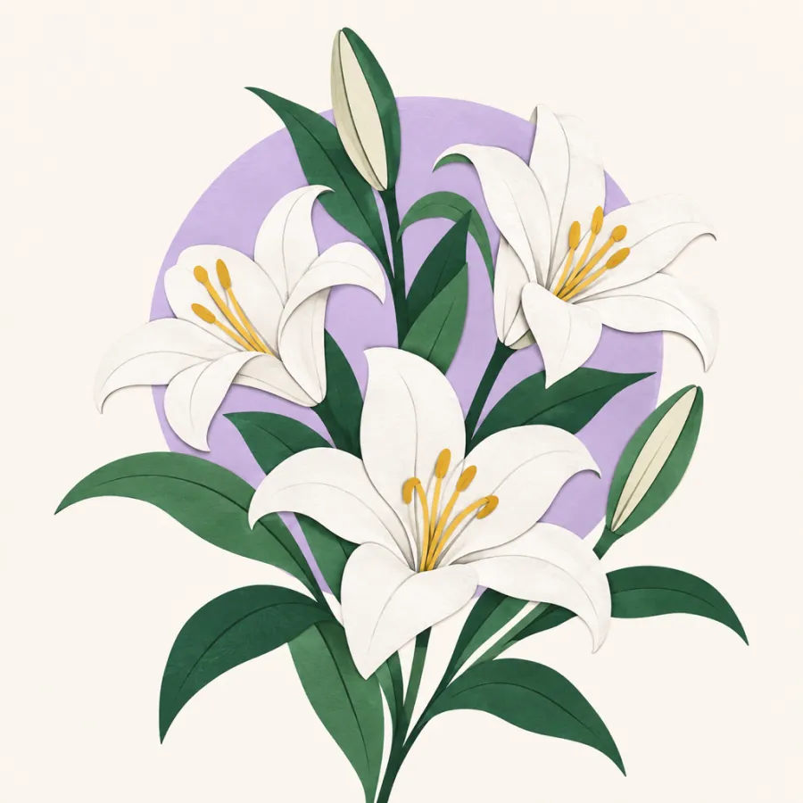 Vita liljor med djupgröna blad mot dovt lila bakgrund — stillsam illustration av begravningsblommor