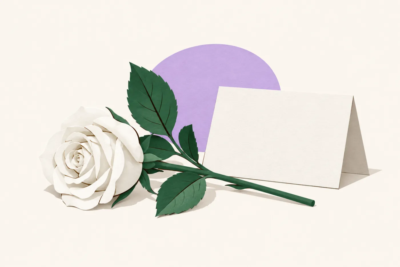 En vit ros som vilar bredvid ett vikt blankt kort mot dovt lila bakgrund — stillsam illustration för kondoleans