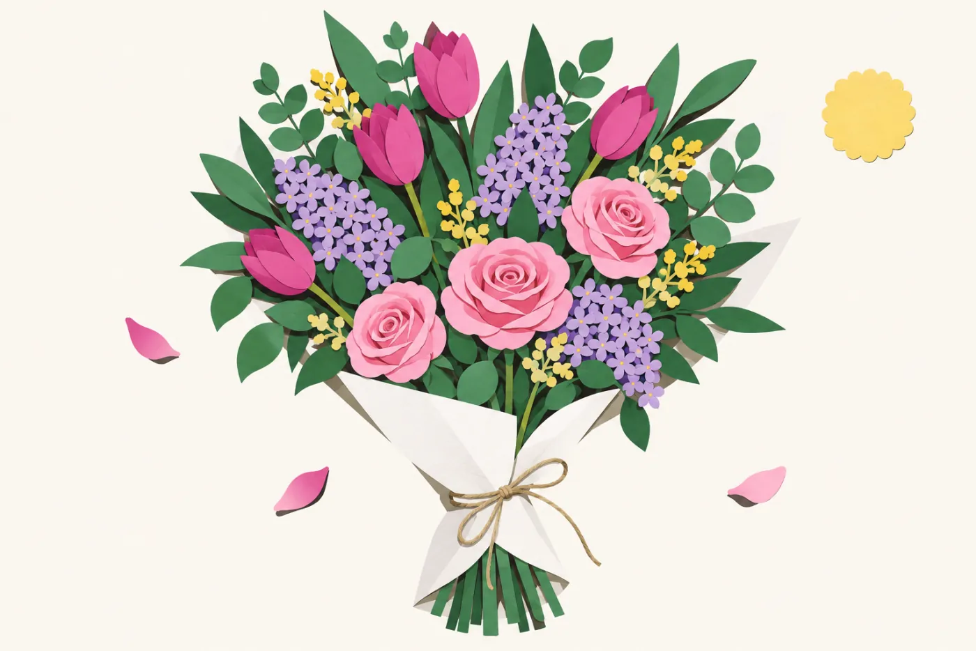Handbunden bukett i vitt papper med rosa rosor, magentafärgade tulpaner och lila blommor — pappersklippsillustration i blommers färger