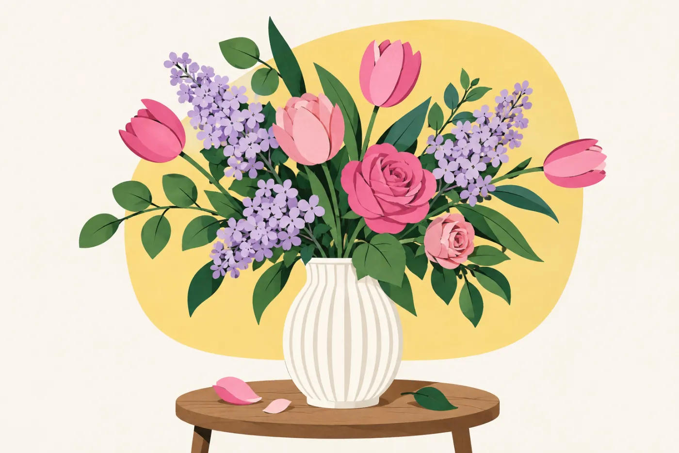 Räfflad vas med avslappnad blandad bukett av tulpaner, rosor och grönska på ett bordshörn — illustration av bukettinspiration