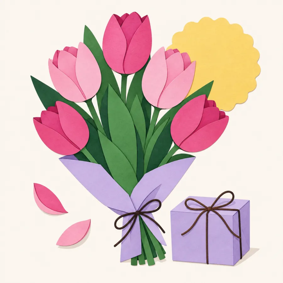 Rosa och magentafärgade tulpaner bredvid ett litet inslaget presentpaket — illustration för födelsedagsblommor