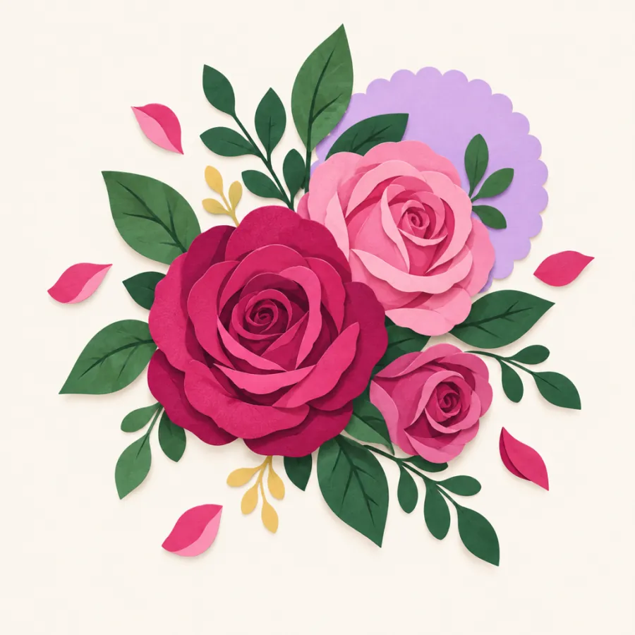 Djupt rosa och magentafärgade rosor med gröna blad och fallande kronblad — illustration för kärleksblommor