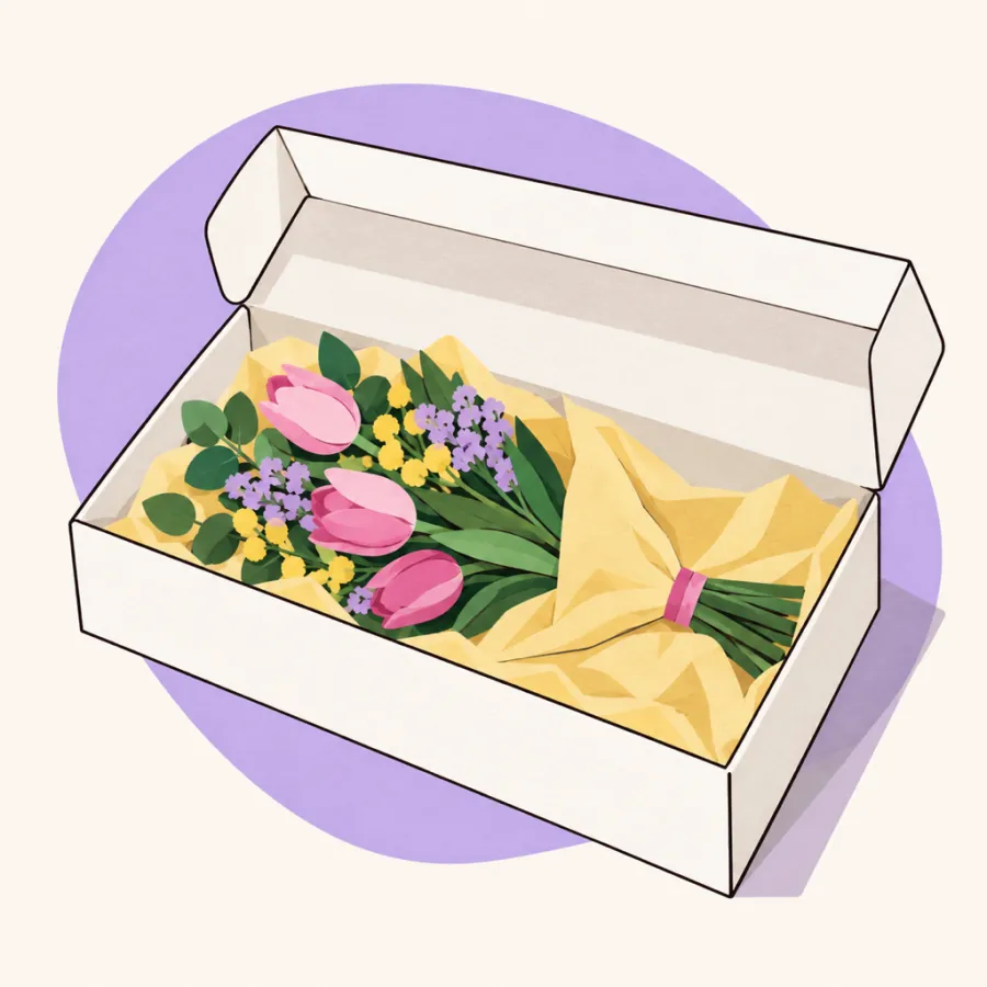 Bukett i öppnad leveranslåda på silkespapper — illustration av blomsterbox till fars dag
