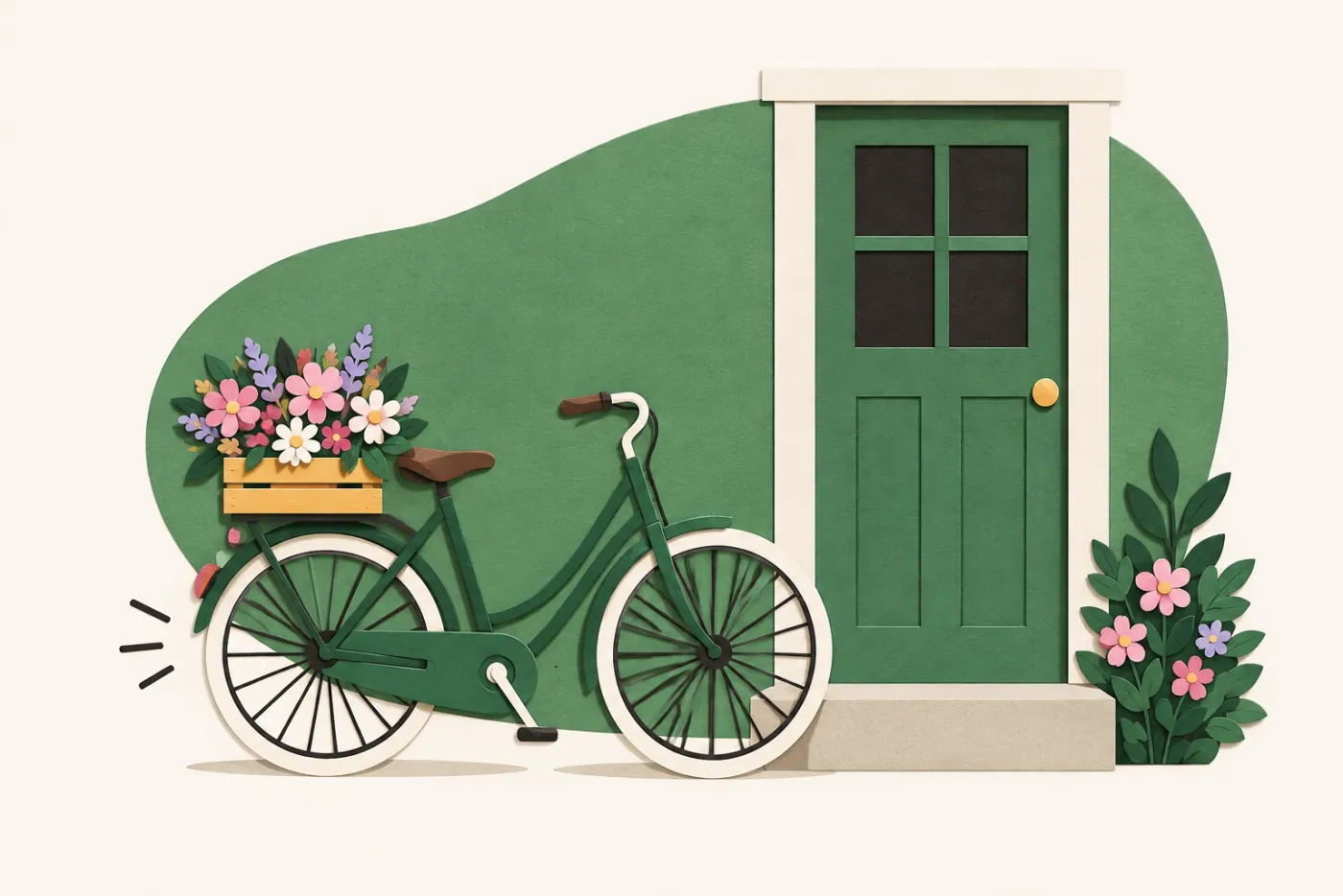 Cykel med blomsterlåda på pakethållaren vid en ytterdörr — illustration för blomsterbud med leverans samma dag