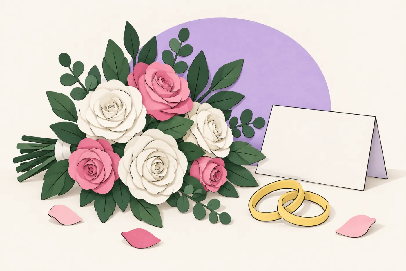 Bukett med vita och rosa rosor bredvid två sammanflätade ringar i papper — illustration för bröllopsdagar