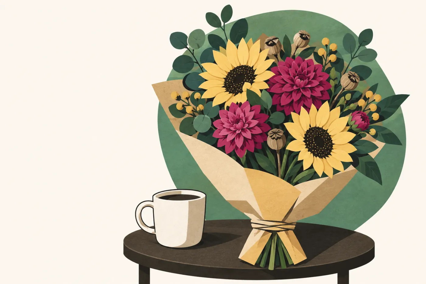 Höstbukett med smörgula och mörkröda blommor, eukalyptus och fröställningar i kraftpapper bredvid en kaffekopp — illustration för fars dag