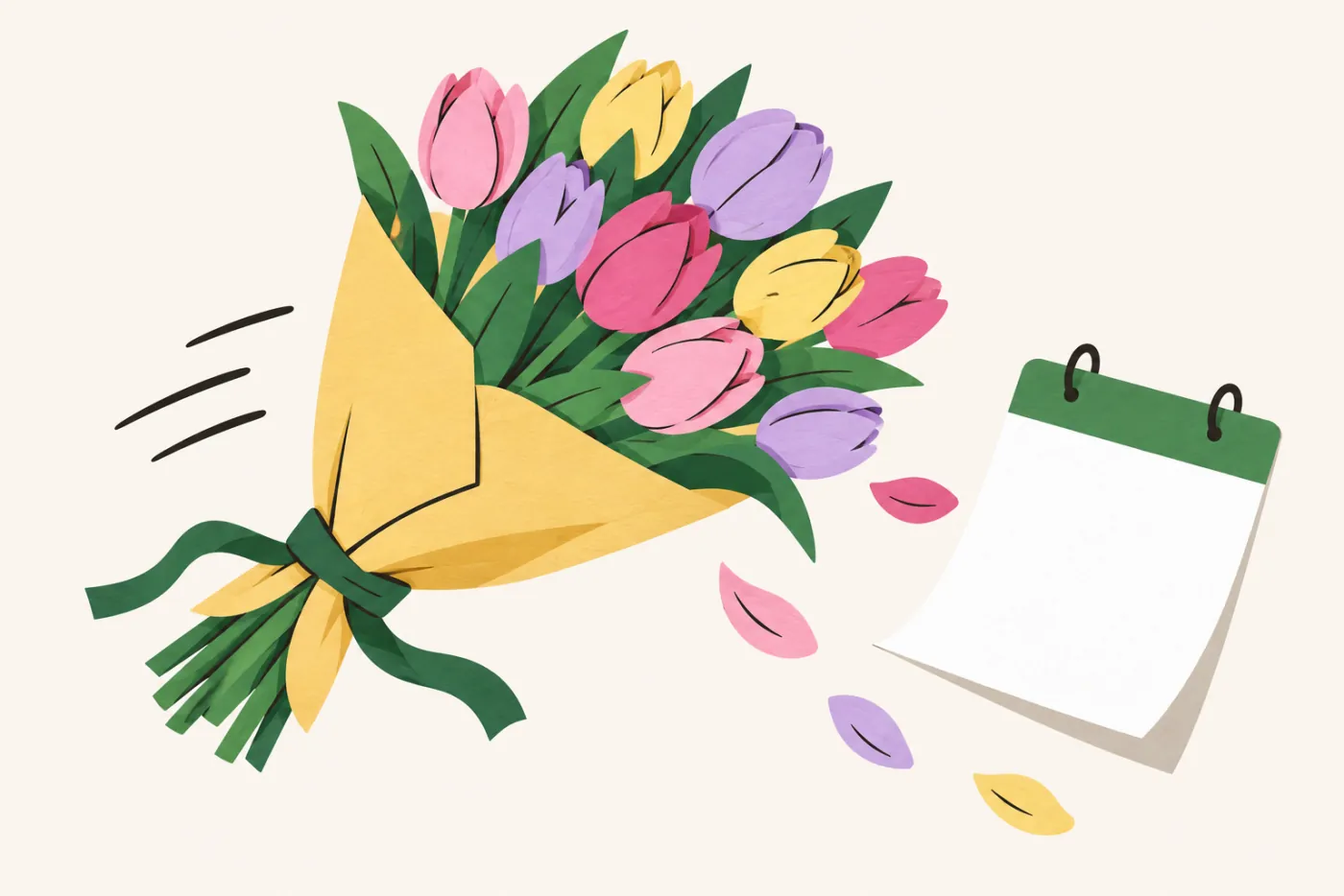 Bukett tulpaner som anländer i full fart med fartstreck och ett vänt kalenderblad — illustration för grattis i efterskott