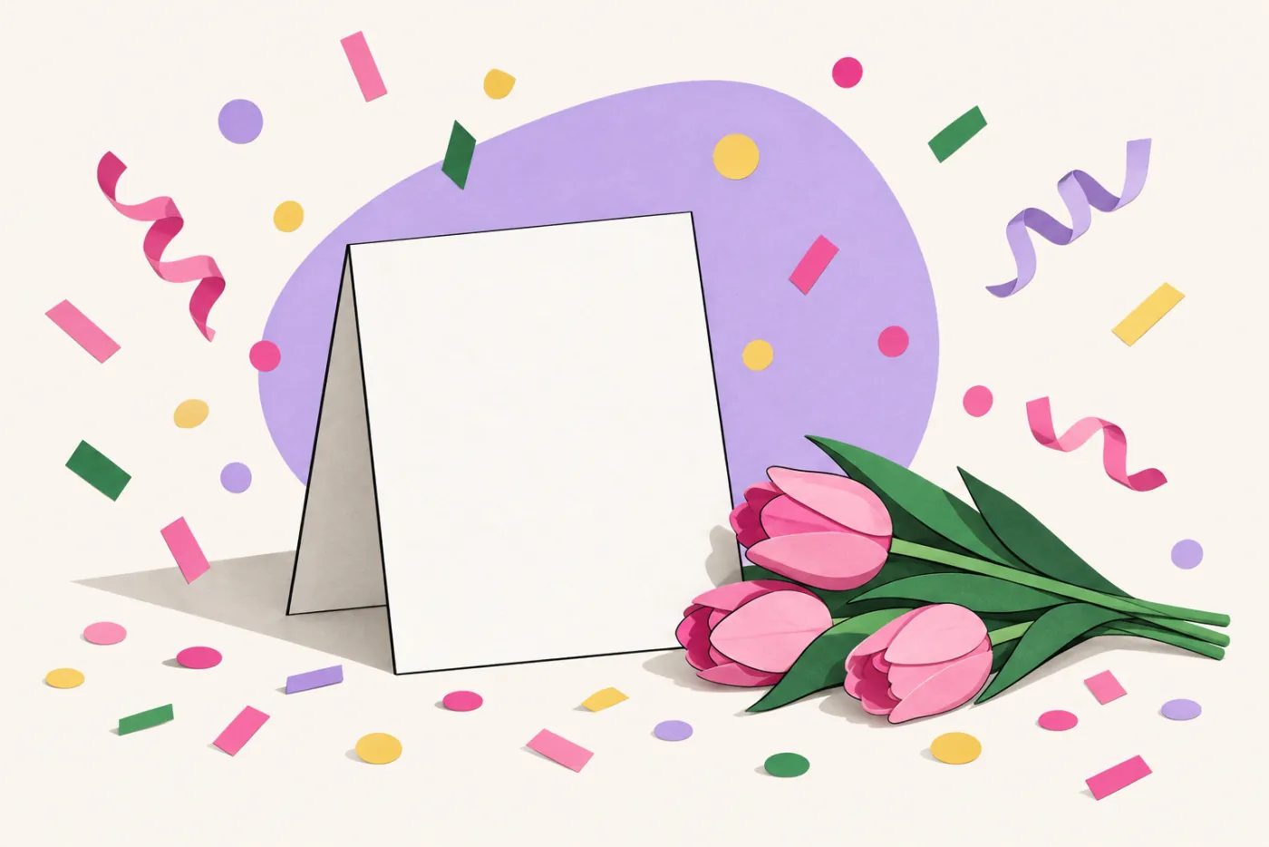 Blankt gratulationskort omgivet av färgglad pappersklippt konfetti och rosa tulpaner — illustration för grattistexter