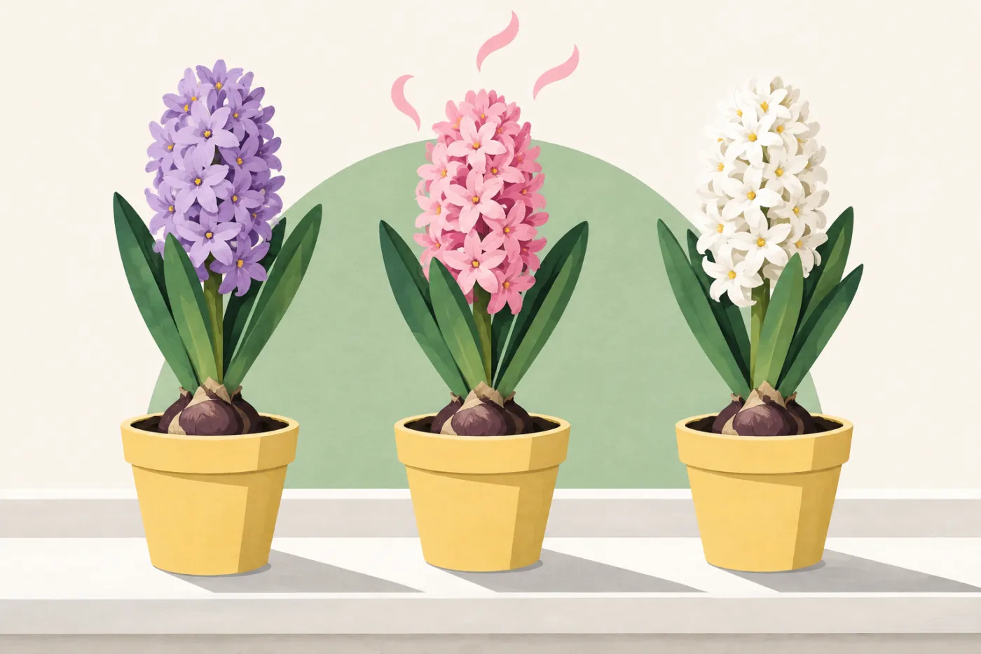 Tre hyacinter i krukor i lila, rosa och vitt med synliga lökar på fönsterbräda — illustration av hyacint