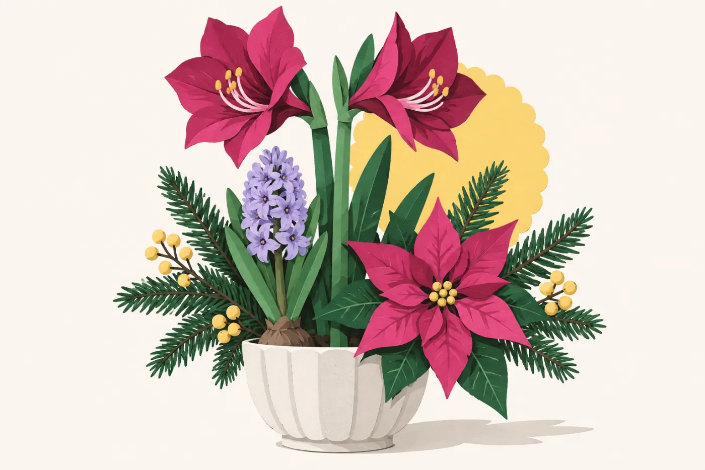 Magentafärgad amaryllis med hyacint och granris — illustration av julblommor från florist