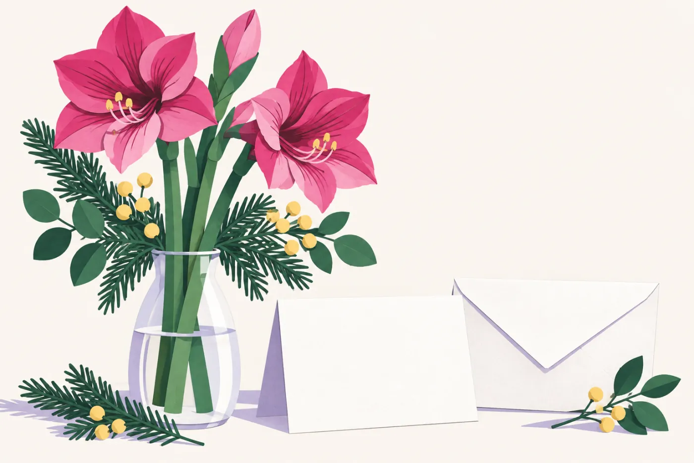 Höga magentafärgade amaryllisstjälkar i vas bredvid kort och kuvert — illustration för julhälsningar
