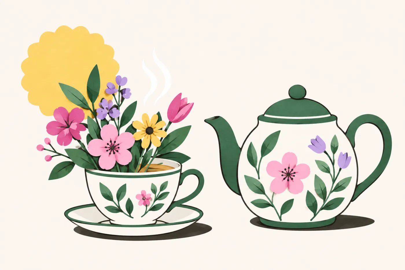 Liten färgglad bukett i en tekopp bredvid en tekanna med ångstreck — illustration för krya på dig-blommor