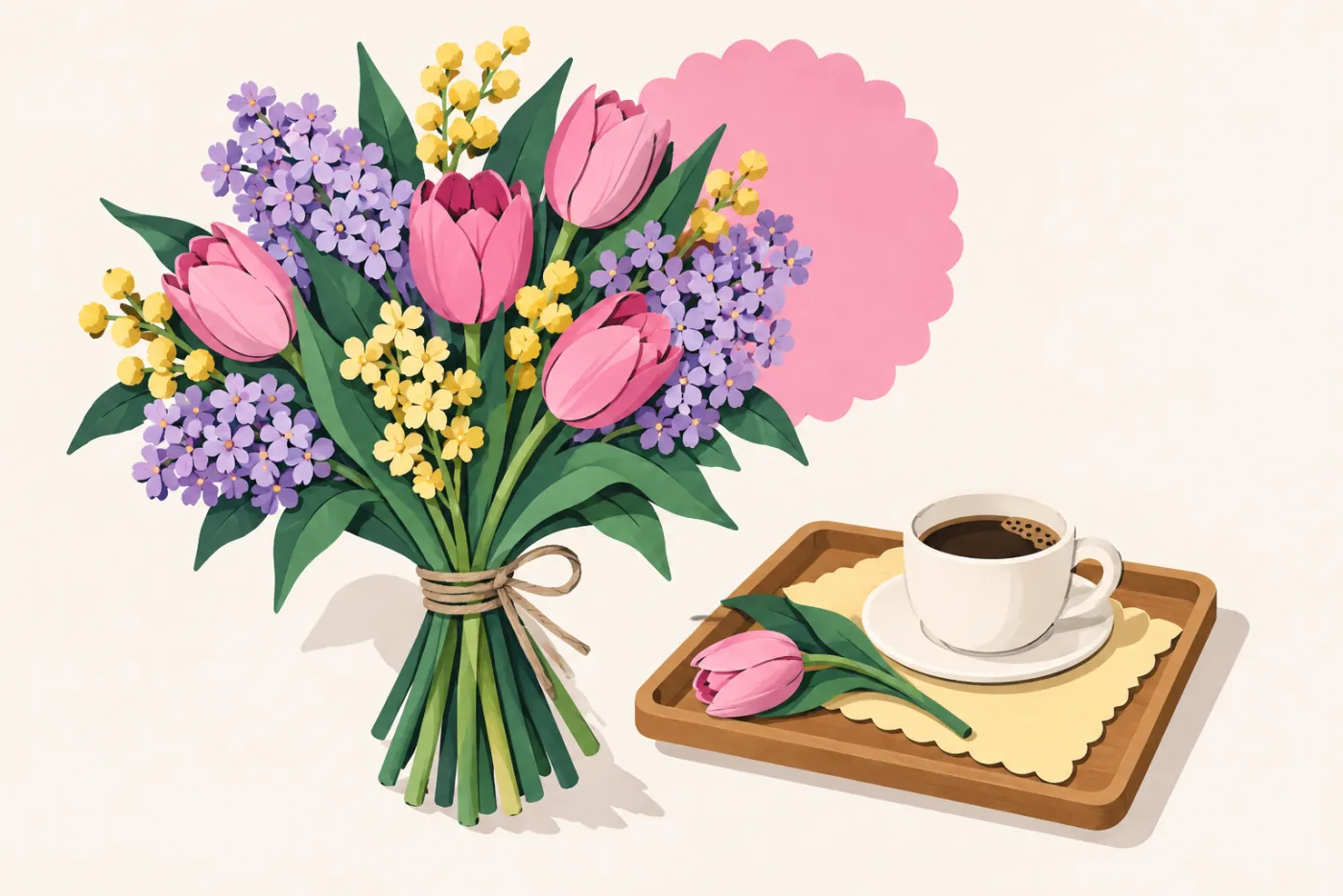 Vårbukett med rosa tulpaner och lila blommor bredvid en frukostbricka med kaffekopp — illustration för mors dag-blommor