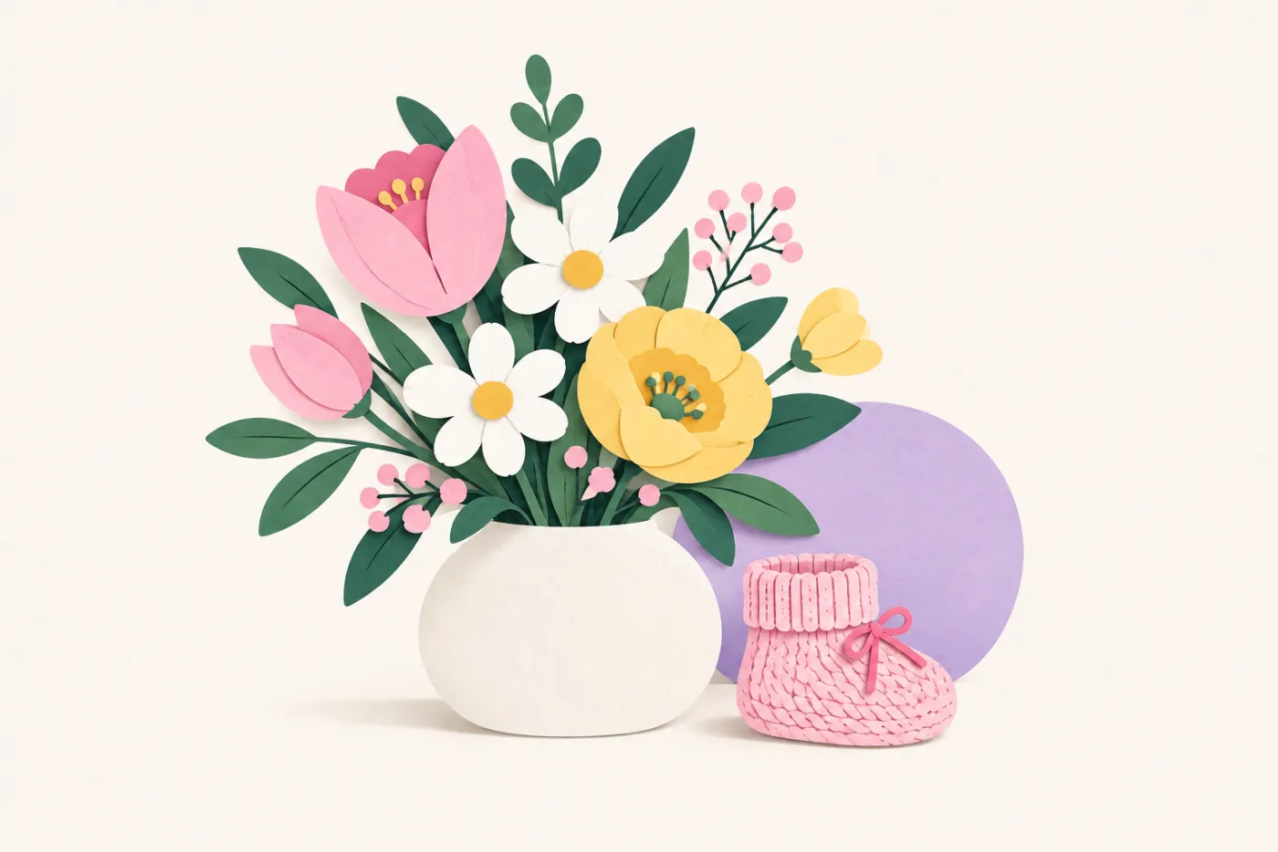 Liten låg vas med ljusrosa, vita och smörgula blommor bredvid en stickad babysock i papper — illustration av blommor till nyfödd