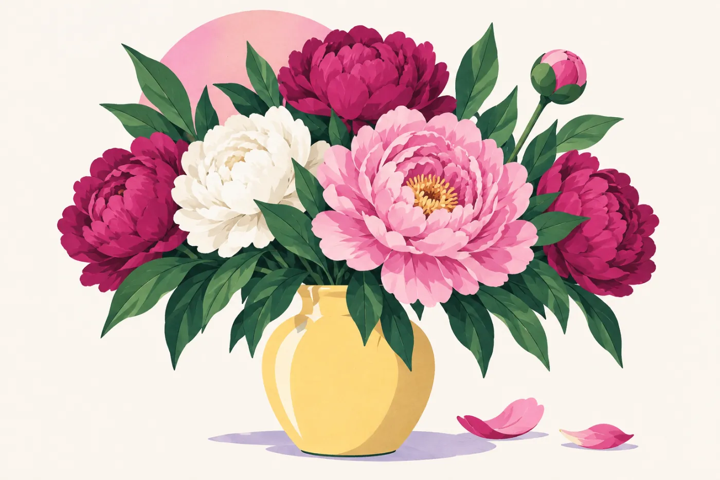 Bukett med rosa, magentafärgade och vita pioner med mörkgröna blad, en öppen blomma och en sluten knopp — illustration av pioner