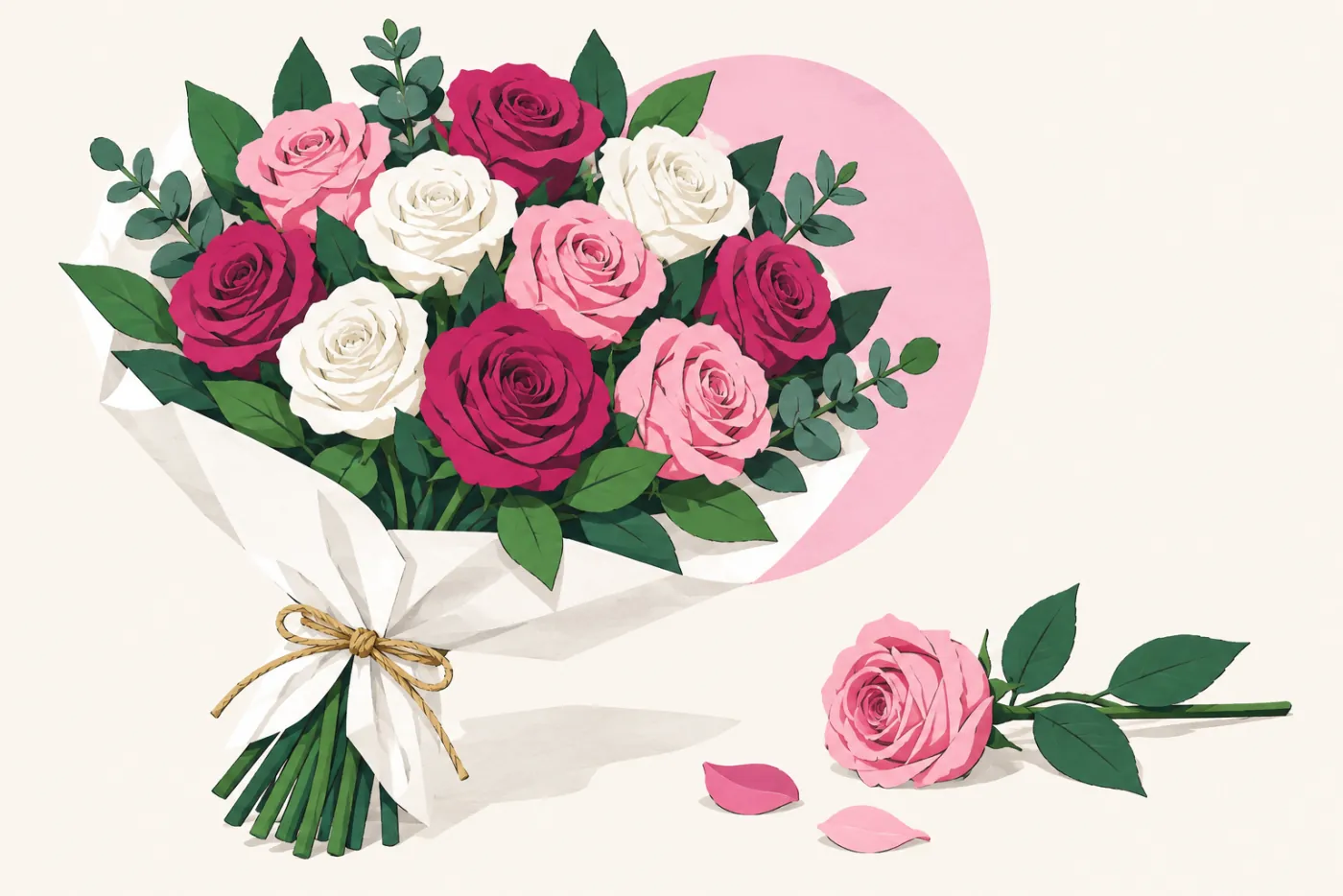 Bukett med ett dussin rosor i magenta, rosa och vitt inslagna i vitt papper med snöre — illustration av rosor
