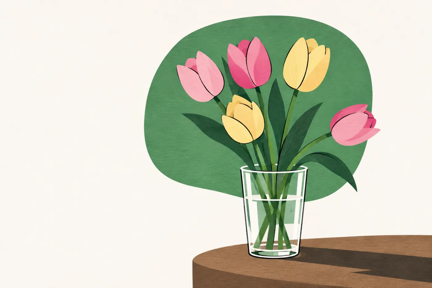 Liten glad bunt rosa och gula tulpaner i ett enkelt dricksglas på en bordskant — illustration för att skicka blommor billigt