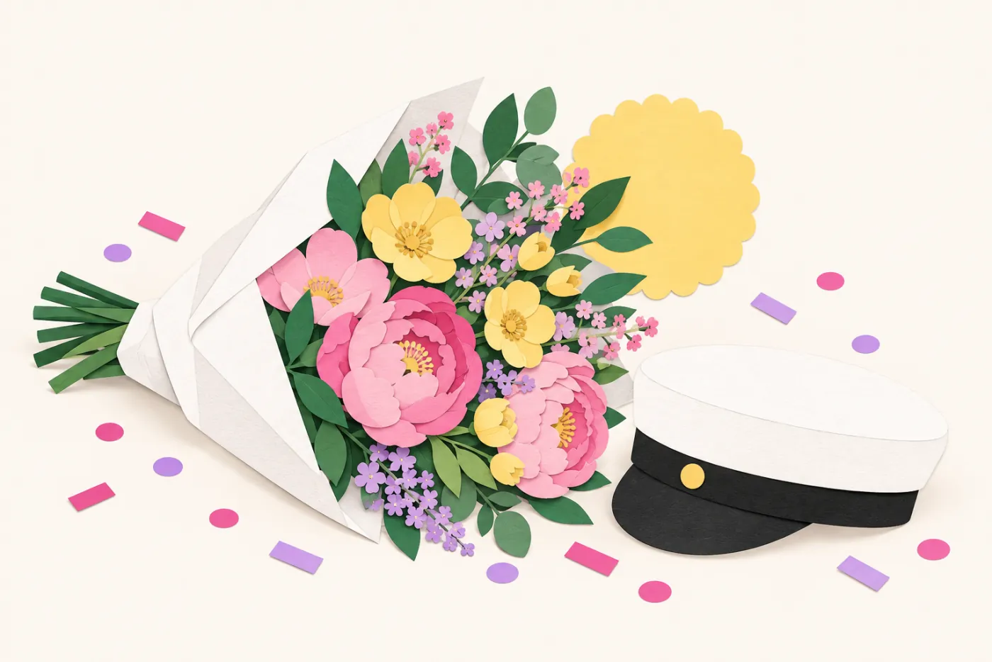 Färgglad studentbukett i vitt papper bredvid en vit studentmössa och konfetti — illustration för studentblommor och studentkort