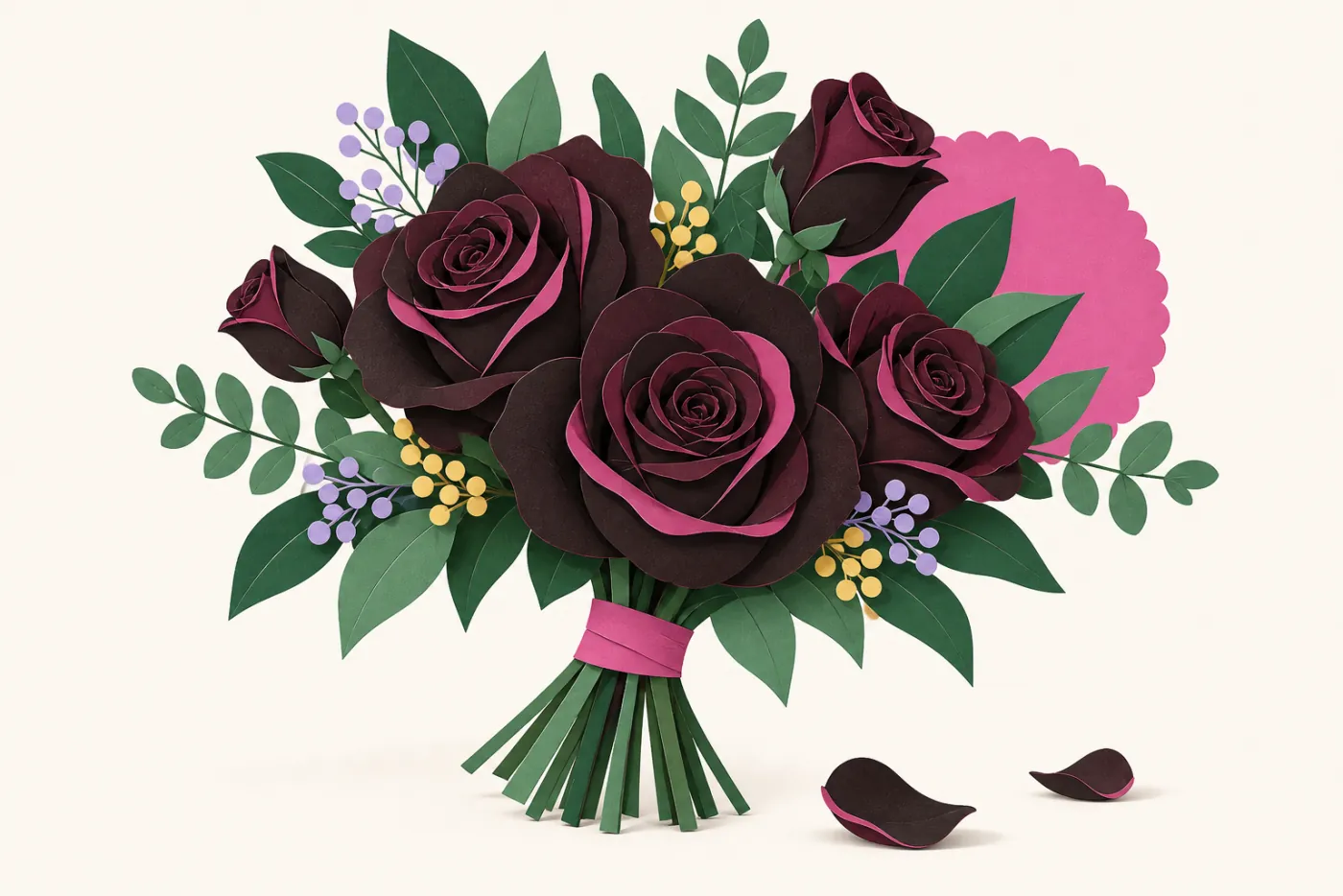 Bukett med djupt mörkröda, nästan svarta pappersklippta rosor med mörkgröna blad — illustration av svarta rosor