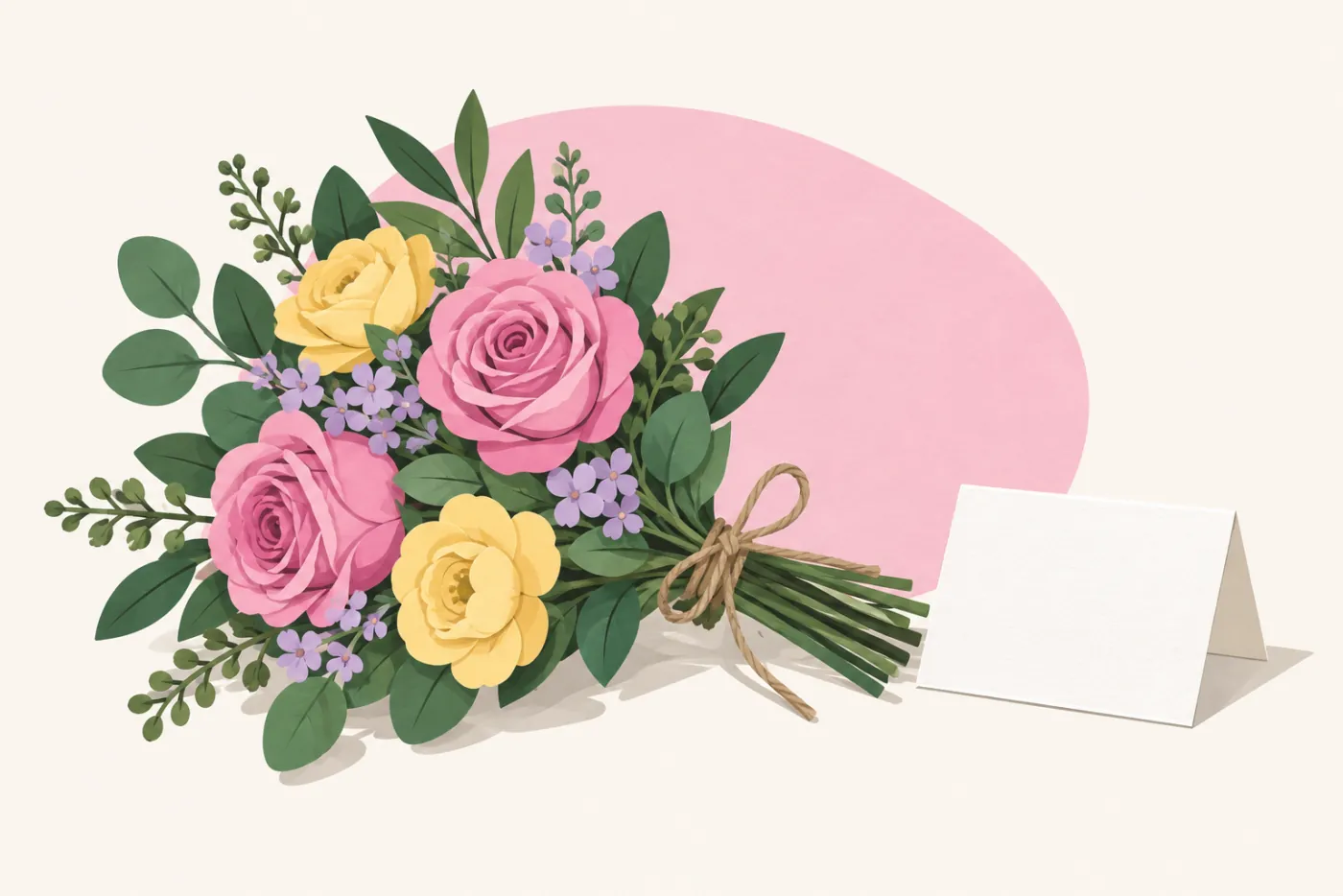 Handbunden tackbukett med rosa rosor och smörgula blommor bredvid ett vikt blankt kort — illustration av blommor som tack