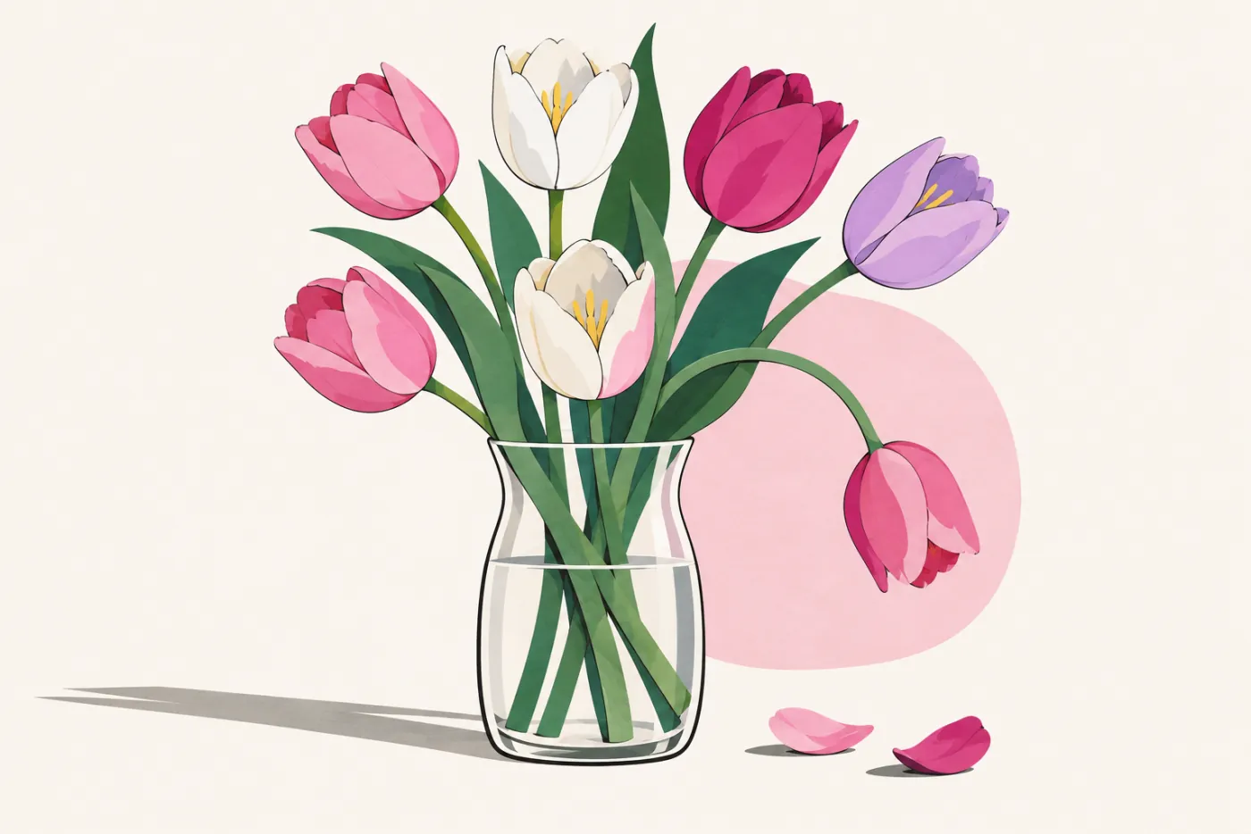 Sju rosa, magentafärgade och vita tulpaner i vas med böjda stjälkar och två fallna kronblad — illustration av tulpaner