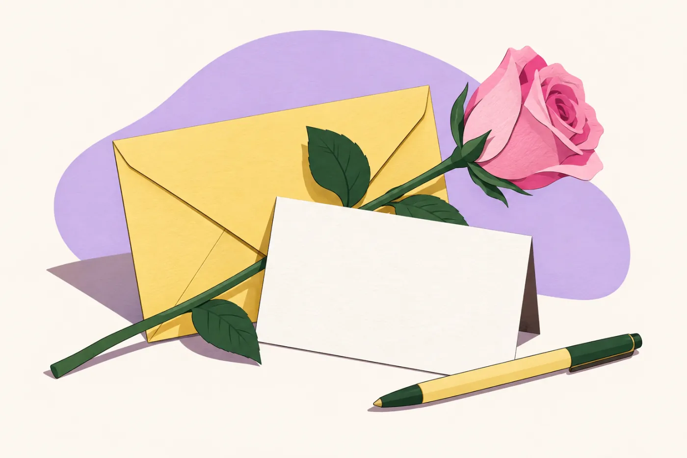 Litet blankt kort lutat mot smörgult kuvert med penna och en rosstjälk — illustration för blomsterkortets text